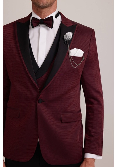 Ysf Erkek Bordo Kırlangıç Yaka Yelekli Slim Fit Desenli Damatlık
