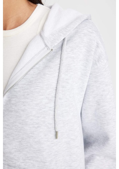 Defacto Relax Fit Kapüşonlu Basıc Kalın Fermuarlı Sweatshirt C1809AX26SP Gri