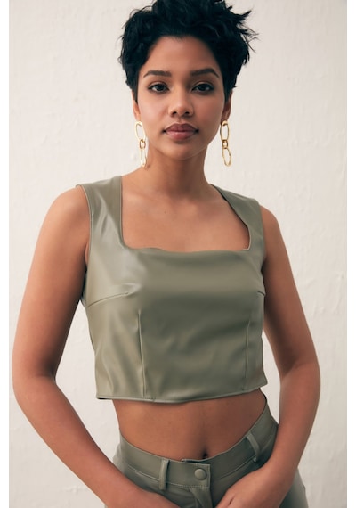 Sateen Kare Yaka Deri Crop Bluz - Çağla Yeşili Sateen Kare Yaka Deri Crop Bluz - Çağla Yeşili