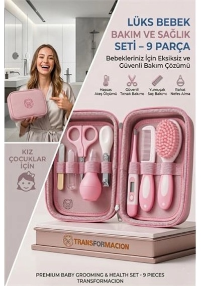 Pembe 9 Parça Bebek Bakım Seti, Yenidoğan Hediye Sağlık Kiti Tırnak Makası Ateş Ölçer 723161
