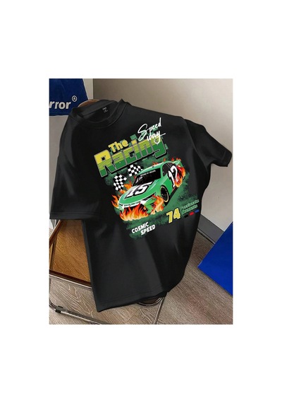 Caddemia Yaz Rahat Gevşek Boyutu Araba Ve Mektup Grafik Baskılı Spor Rahat Yuvarlak Siyah 2XL