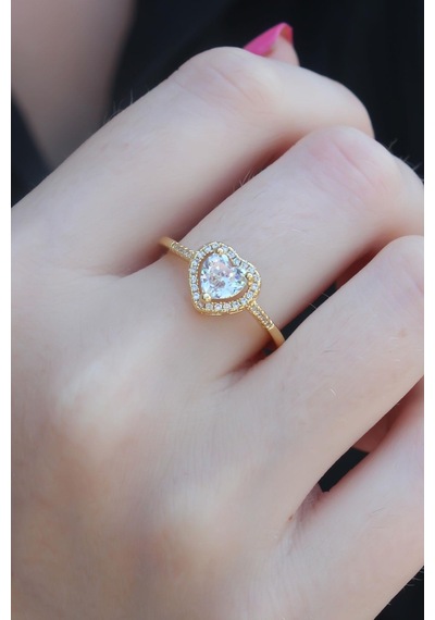 Gold Renk Zirkon Taşlı Kalp Model Charm Pirinç Kadın Yüzük Altın