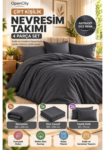 Çift Kişilik Antrasit Nevresim Takımı 4 Parça Düz Renk 180x220 Nevresim 180x240 Çarşaf 2 Yastık Klf