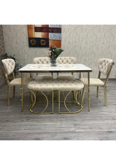 Mutfak Masa Sandalye Takımı Akuamarin 80-120 Ck Gold Benchli 6 Kişilik Mutfak Masası Takımı Düz Beyaz Mutfak Masa Sandalye Takımı Akuamarin 80-120 Ck Gold Benchli 6 Kişilik Mutfak Masası Takımı Düz Beyaz