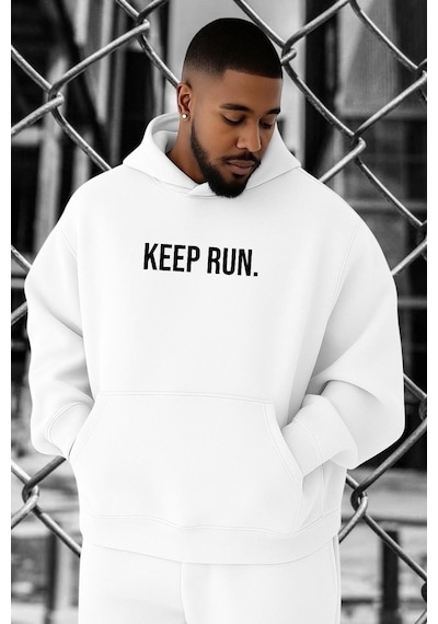 Benroma 3 İplik Penye Keep Run Baskılı Büyük Beden Sweatshırt Beyaz