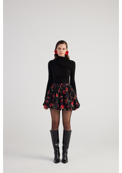 Holly Lolly Balon Model Gül Desenli Mini Donna Etek Siyah