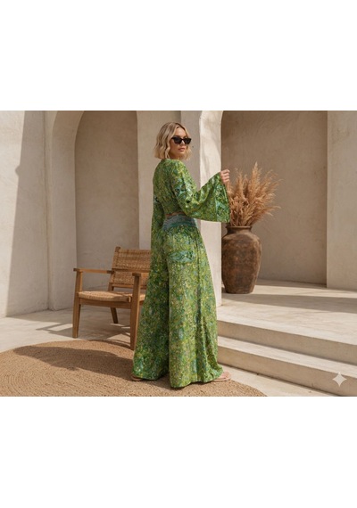 İbeeka Bohem Luxe Paisley Desen Gipeli Crop Akışkan Bol Paça Pantolon Takım Yeşil