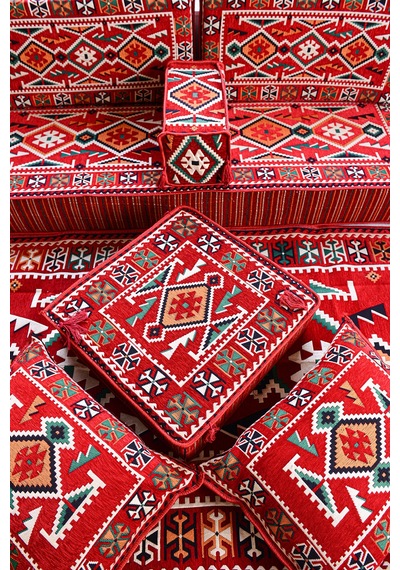 Otantik Şark Köşesi Takımı Kırmızı Anadolu 18 Parça 20 Cm Süngerli Kilim Ve Puf Dahil Sedir Seti