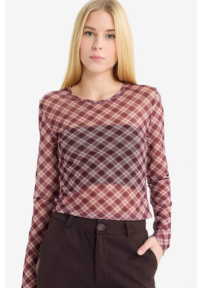 Defacto Coool Fitted Kareli Tül Uzun Kollu Tişört G3024ax25wnpn38 Pembe-pn38