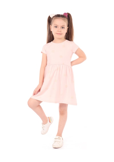 Toontoy Kız Çocuk Komple Kabartma Baskılı Elbise Pudra