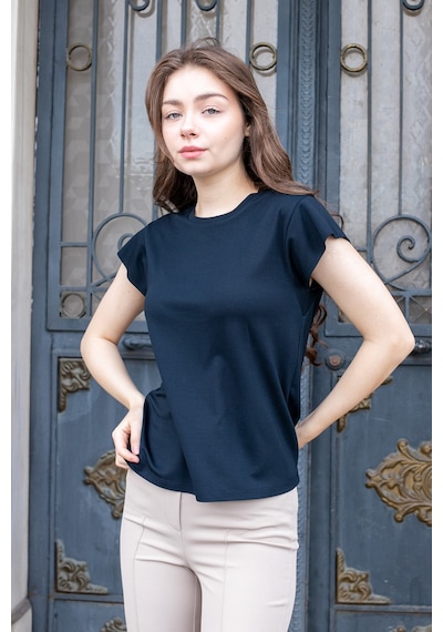 Kadın İpeksi Kumaş Geniş Sıfır Yaka Kısa Kol Tshirt Bluz-koyu Lacivert K.lacivert