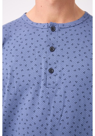 L'espadon Oceanripple Premium Örme Pamuk Uzun Kollu Henley & Uzun Pantolonlu Erkek Pijama Takımı-3225 Mavi