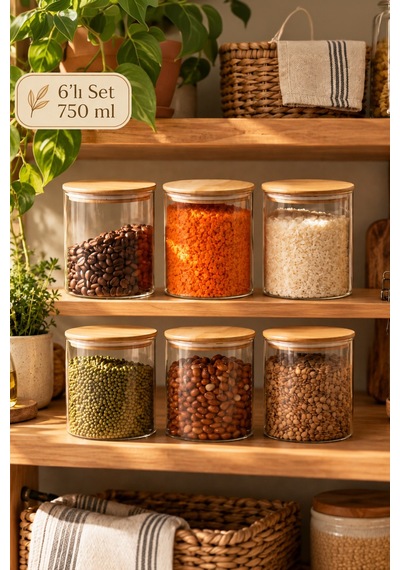 Porsima 1-3 Bambu Vakumlu Kapaklı Yuvarlak Borosilikat Cam 6lı Kavanoz Seti Saklama Kabı 750ml 10x12cm Cam - Şeffaf