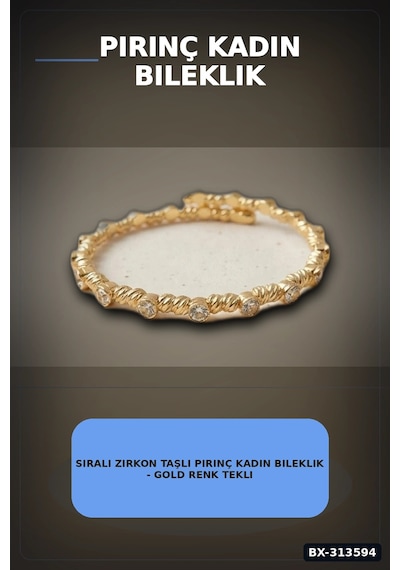 Bay Sıralı Zirkon Taşlı Pirinç Kadın Bileklik - Gold Renk Tekli Parça, Bijuteri Aksesuar Bx-313594 Najmaddin Standart