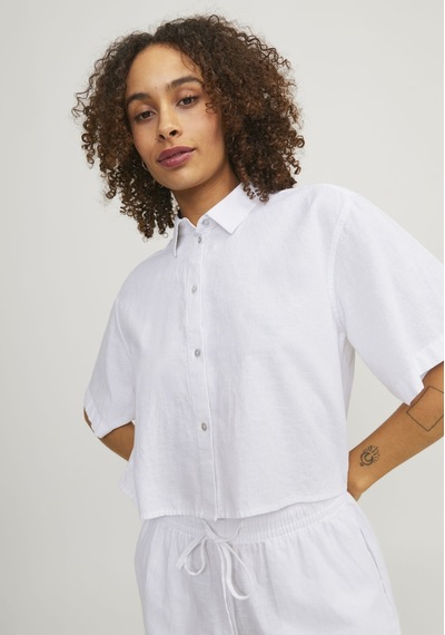 Jack & Jones Kadın Crop Keten Gömlek - Lulu 12231335 White Bej