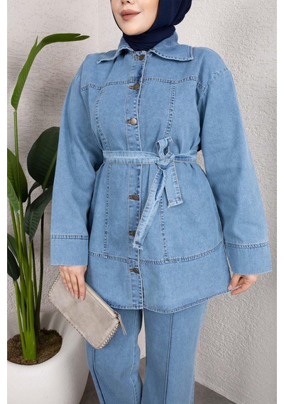 Misskayle Kuşaklı Düğmeli Denim Takım Rahat Kesim İkili Kombin Buz Mavisi Buzmavi