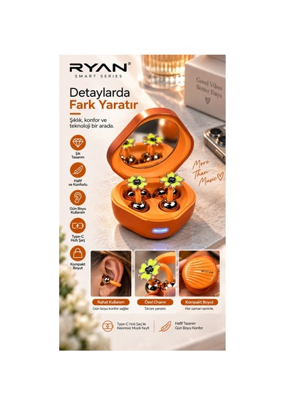 Ryan Dil Çevirili Kablosuz Bluetooth 5.3 Kulaklık Anc Gürültü Engelleme Açık Kulak Tasarım Charm Aksesuarlı Turuncu-14922