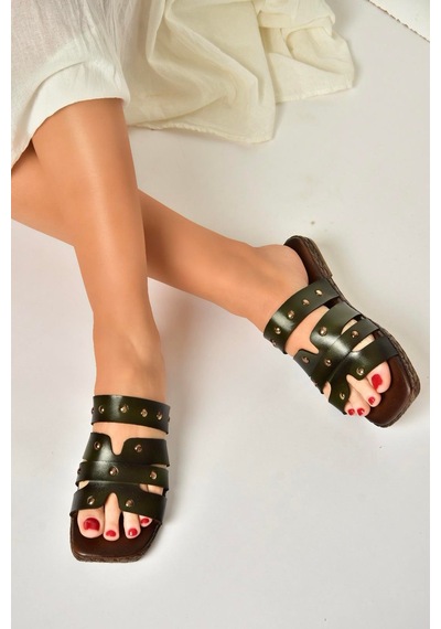Fox Shoes Y390755203 Yeşil Hakiki Deri Kadın Terlik Yeşil