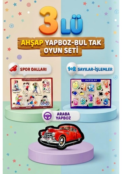 Eğitici Öğterici Ve Eğlenceli 3'lü Ahşap Yapboz Hikayeli Yapboz Ve Bul-tak Beceri Oyun Takımı