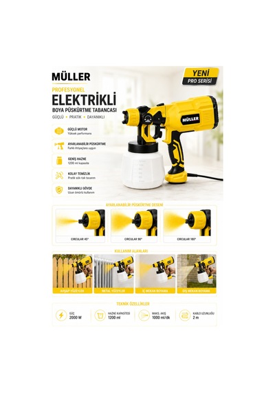 Pro Müller Series Profesyonel 2000 W Duvar Panel,beton Ahşap Vb Elektrikli Sprey Boya Püskürtme Tabancası