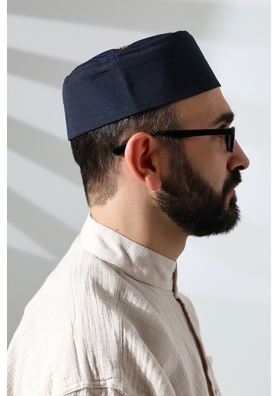 Osmanlı Arma Desenli Kalıp Kumaş Takke Lacivert