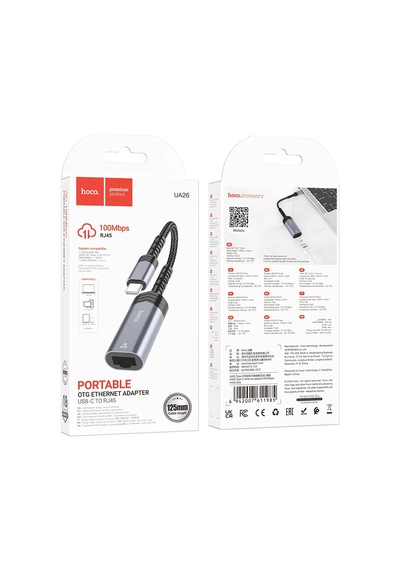 Hoco. Ua26 Tak Çalıştır Type-c To Rj45 100 Mbps Ethernet Dönüştürücü - Gri
