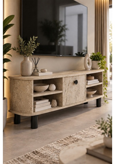 Sulorahome Ekru Traverten Desenli Suntalam Tv Sehpası 136 Cm