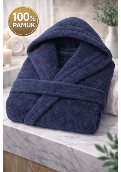 İqon %100 Pamuk Unisex Banyo Bornozu Düz Lacivert