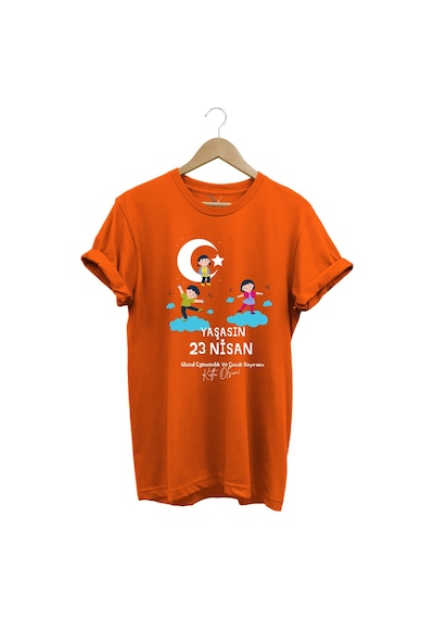 23 Nisan Çocuk Bayramı Baskılı %100 Pamuk Regular Fit Bisiklet Yaka Premium Turuncu T-shirt Turuncu