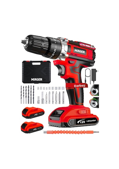 Mager 12 Volt 1.2 Ah Çift Akülü Su Terazi Göstergeli Darbeli Matkap Vidalama Kırmızı