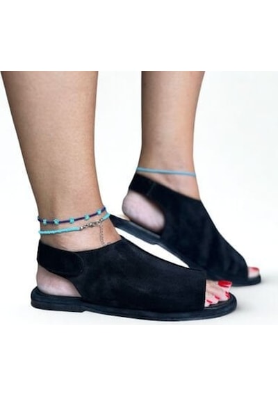 Ne&ve Shoes Siyah Süet Hakiki Deri Cırtlı Kadın Günlük Sandalet