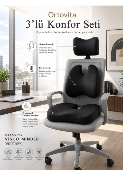 Yeni Nesil Visco Ortopedik Ergonomik 3'lü Set Ortopedik Yastık Seti Kalça, Bel Ve Boyun Desteği Sağlayan Rahatlatıcı Minder Set