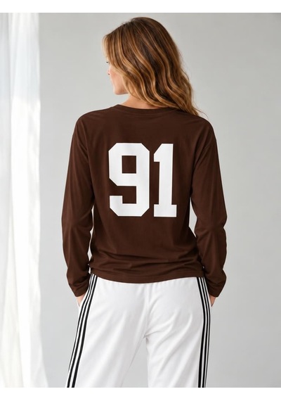 Nealirsanall.com Kadın "91" Baskılı Uzun Kollu İnce Sweatshirt / Body Kahverengi