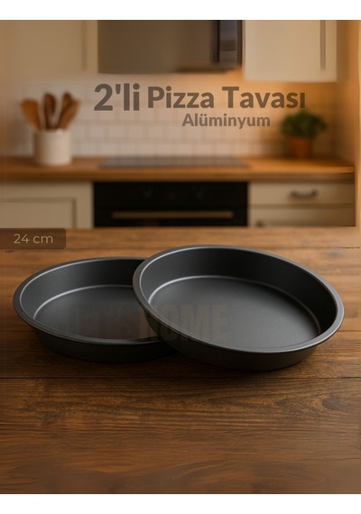 Jet's Home 2'li Pizza Tavası Seti Alüminyum Pizza Tepsisi Yapışmaz Lahmacun Pide Tavası 24 Cm siyah