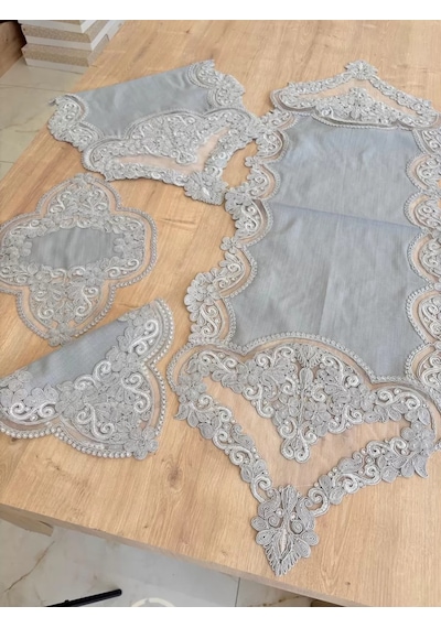 Salon Takımı Çeyizlik Gri Runner Set 5 Parça Keten Masa Örtüsü Runneri Gerdan Çok Renkli