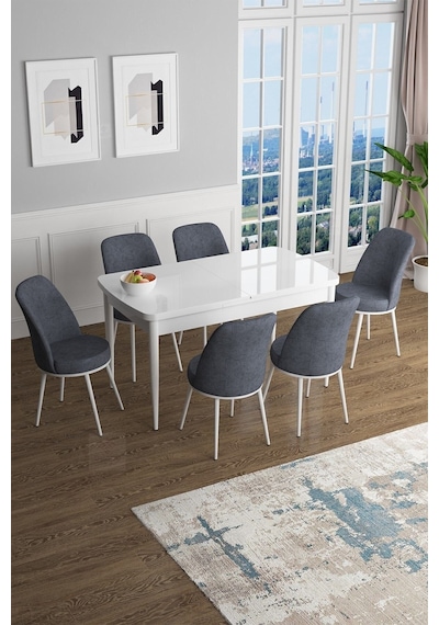 Canisa Han Serisi, Beyaz 70x114 Açılabilir Mdf Mutfak Masa Takımı, 6 Füme Sandalye Masa Beyaz Sandalyeler Füme Canisa Han Serisi, Beyaz 70x114 Açılabilir Mdf Mutfak Masa Takımı, 6 Füme Sandalye Masa Beyaz Sandalyeler Füme