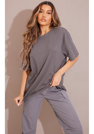 Düz Süprem T-shirt - Füme Oversize Bisiklet Yaka Kısa Kol Tişört Füme