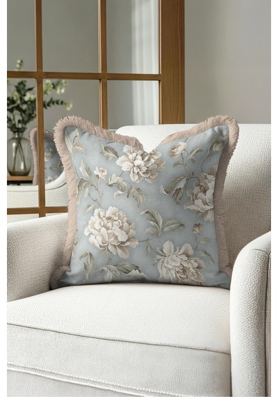 Çiçek Vintage Şakayık Saçaklı Yastık Kılıfı - Romantik Floral Vizon Krem Püsküllü Kırlent Kılıfı Haki