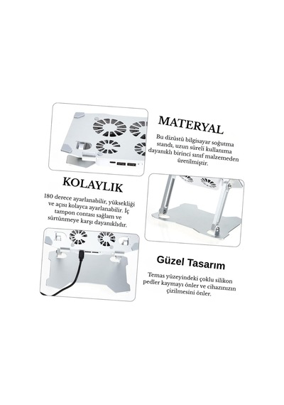 X16 Alüminyum Katlanabilir Laptop Soğutucu Stand 4 Fanlı Led Işıklı Ergonomik Tasarım Soğutucu Stand Gri - 789086616