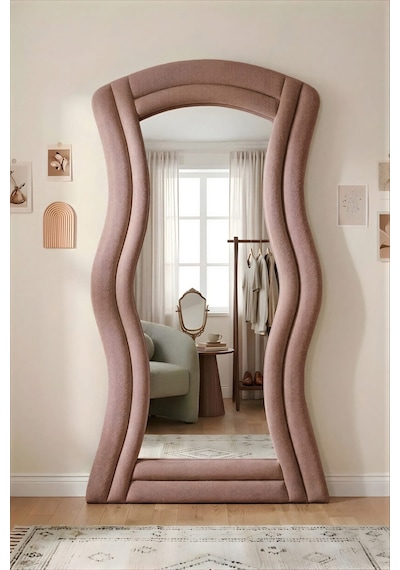 Lusso Pembe Renk Kumaş Kaplamalı Dalgalı Kavisli Ayaklı Boy Aynası 182x87 Cm