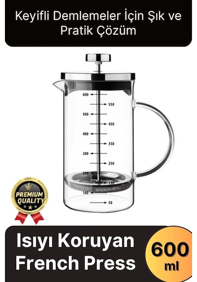 Çok Amaçlı Isıyı Koruyan Süzgeçli Bitki Çayı Filtre Kahve Demlik Ölçü Kabı Cam French Press 600 Ml Çok Renkli
