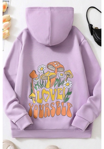 Uyguntarz Unisex Oversize Love Yourself Baskılı Sweatshirt Lila