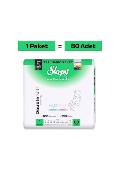 Sleepy - Natural Double Soft Avantajlı Paket Bebek Bezi 1 Numara Newborn 80 Adet
