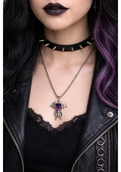 Gotik Kuru Kafa Mor Kalp Detaylı Kanatlı Kolye Gümüş Renk Unisex Çok renkli