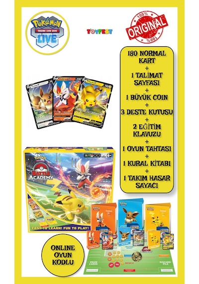 Pokemon Battle Academy Cinderace V - Pikachu V - Eevee V - Galarian 180 Kartlık 2-3 Kişilik Oyun Set