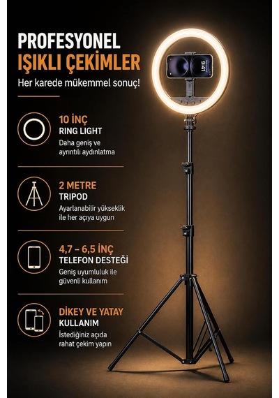 Ayrex 10 İnç Ring Light Tripodlu 3 Renk Bluetooth 5.2 2.1 M Np-l20s