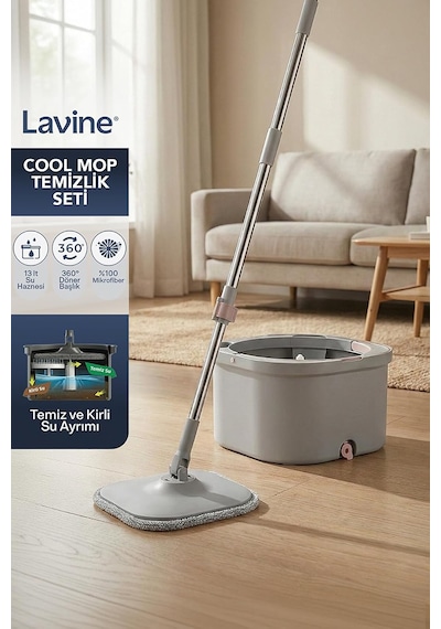 Cool Mop Temiz Ve Kirli Su Ayıran Otomatik Temizlik Seti - Su Tahliyeli, Paslanmaz Çelik Saplı Mikrofiber Kare Paspas Çok Renkli