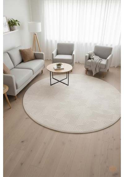 Raschel Carpet Premium Yuvarlak Yıkanabilir Leke Tutmaz Emboss Bohem Halı Özel Seri Kaymaz Taban Halı Krem