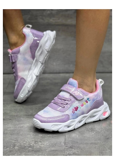 Adımist Çocuk Unisex Rahat Ortopedik Taban Işıklı Snakers Spor Ayakkabı Lento Işıklı Beyaz - Lila