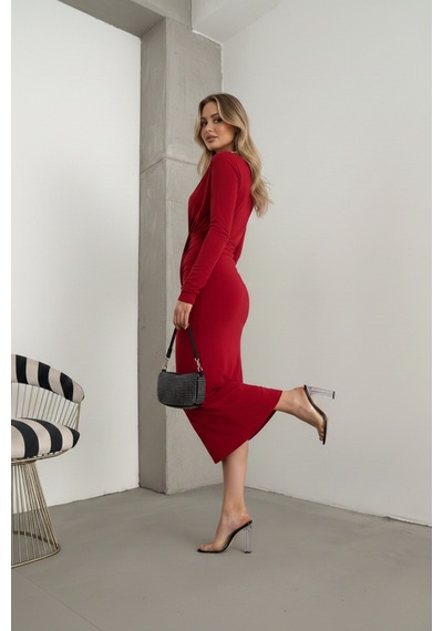 Defymoda Kadın Kruvaze Yaka Şık Tasarım Elbise Kırmızı